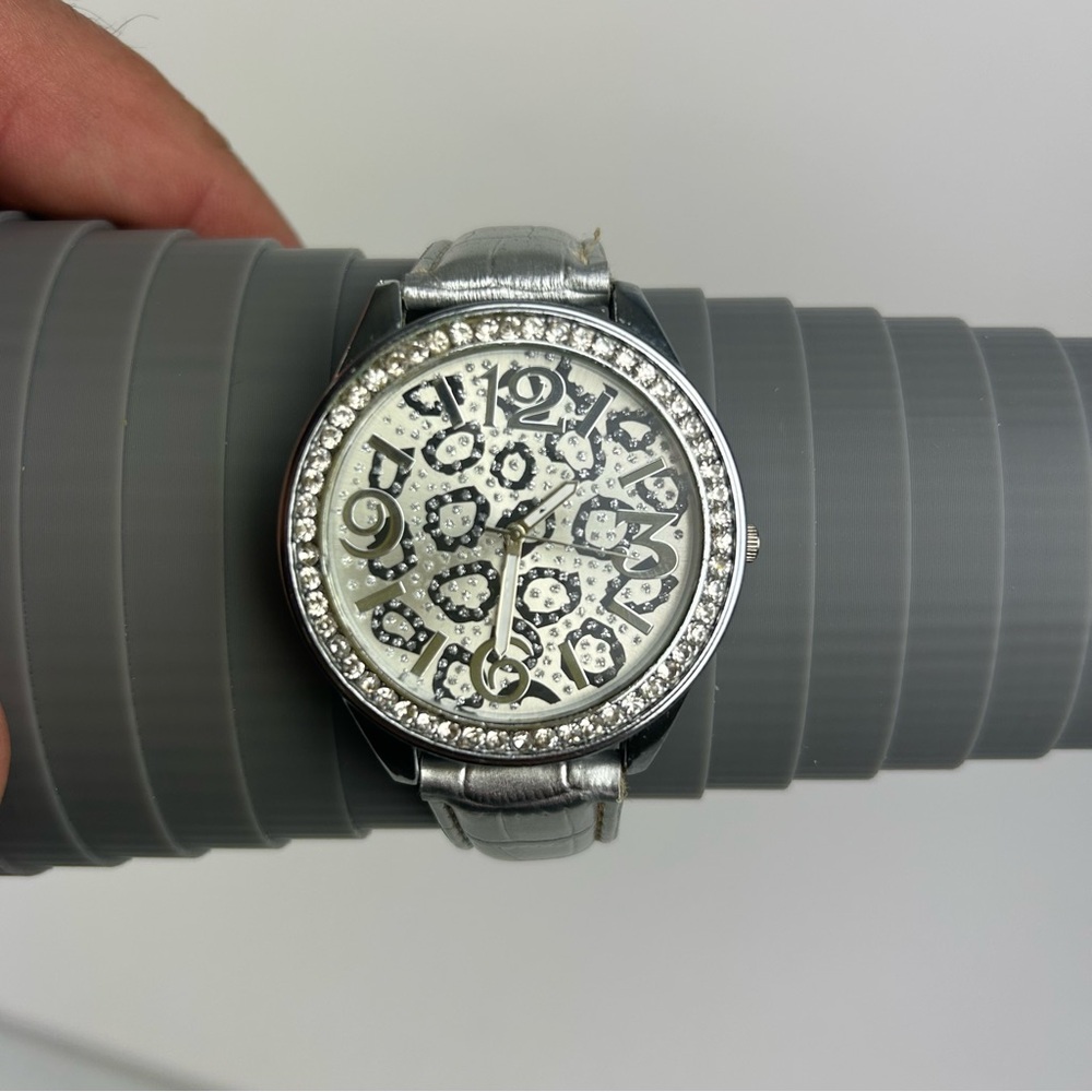 Silver Tone Leopard Print Watch with Rhinestones